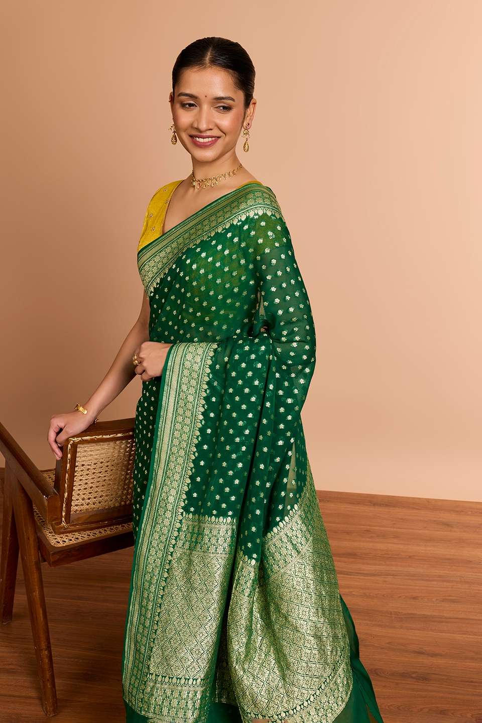 Dark Green Pure Silk Georgette Cutwork Banaras Saree