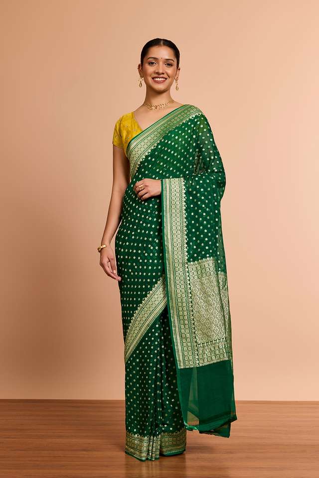 Dark Green Pure Silk Georgette Cutwork Banaras Saree thumbnail image number null