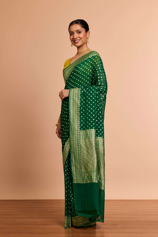Dark Green Pure Silk Georgette Cutwork Banaras Saree thumbnail image number null