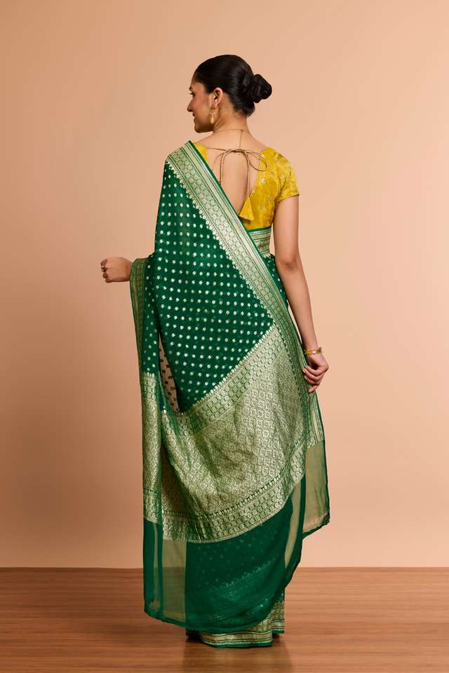 Dark Green Pure Silk Georgette Cutwork Banaras Saree thumbnail image number null