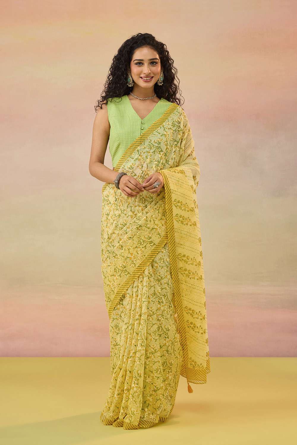 Yellow Bengal Block Printed Pure Cotton Kota Saree image number null