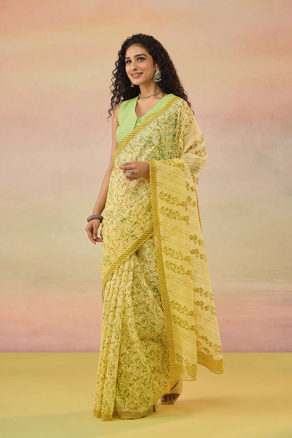 Yellow Bengal Block Printed Pure Cotton Kota Saree image number null