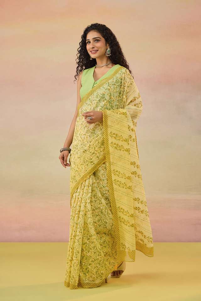 Yellow Bengal Block Printed Pure Cotton Kota Saree thumbnail image number null