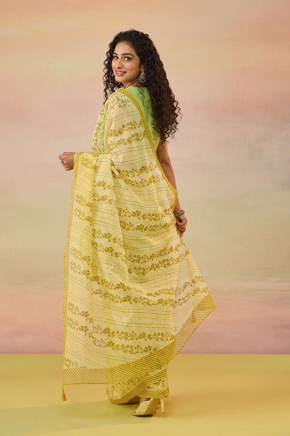 Yellow Bengal Block Printed Pure Cotton Kota Saree image number null