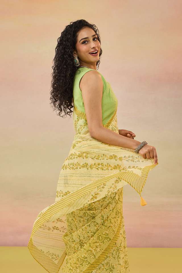Yellow Bengal Block Printed Pure Cotton Kota Saree thumbnail image number null