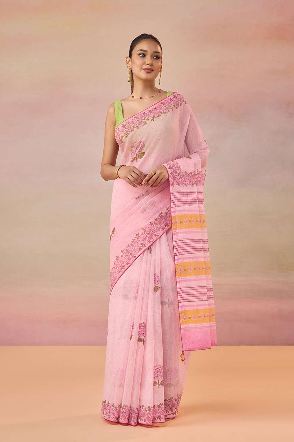 Light Pink Block Printed Bengal Pure Cotton Kota Saree