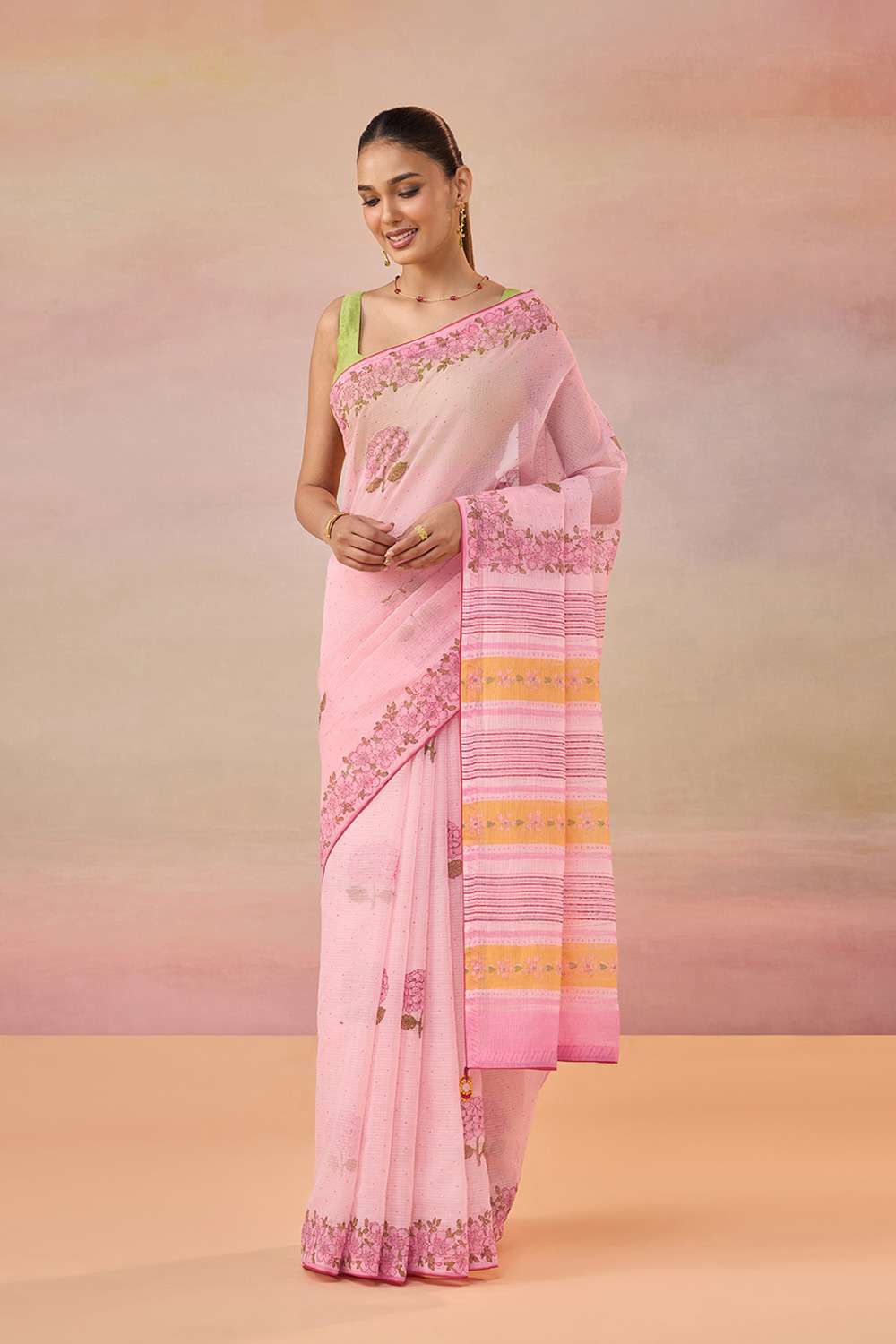 Light Pink Block Printed Bengal Pure Cotton Kota Saree image number null