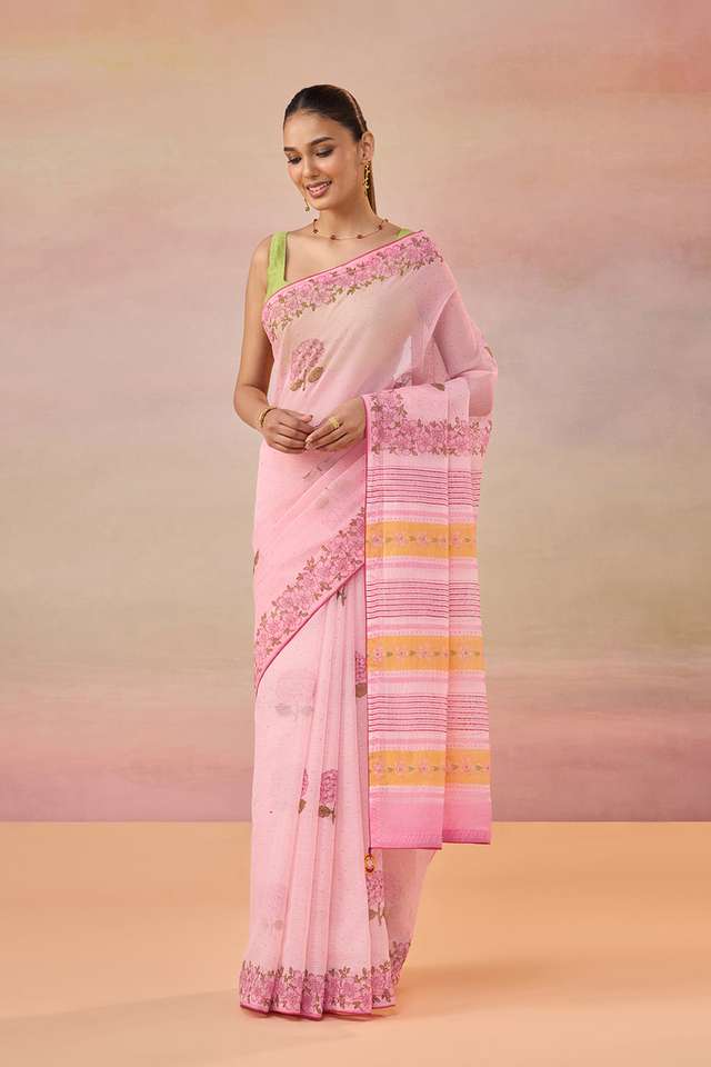 Light Pink Block Printed Bengal Pure Cotton Kota Saree thumbnail image number null