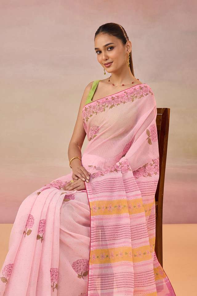 Light Pink Block Printed Bengal Pure Cotton Kota Saree thumbnail image number null