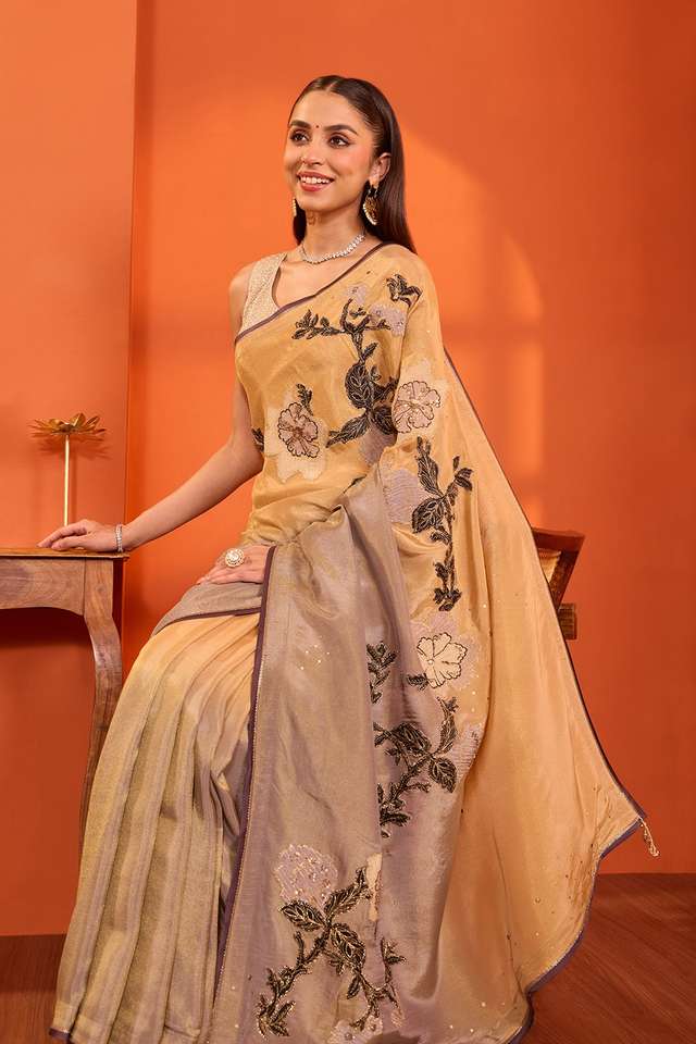 Beige  Viscose Tissue Embroidered Saree image number
