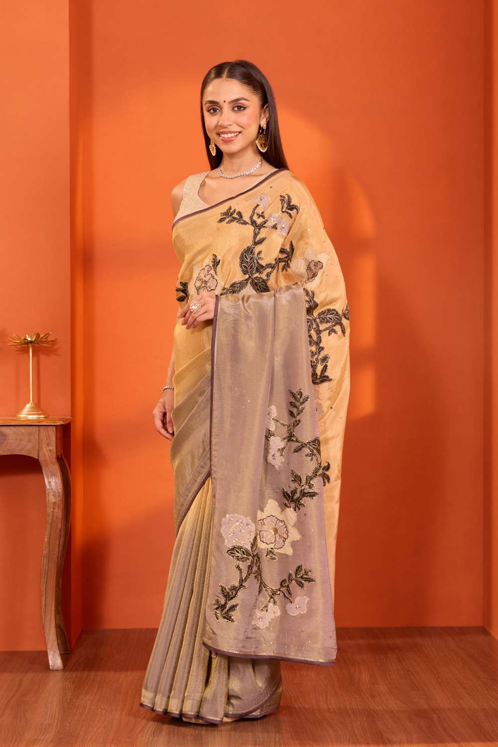 Beige  Viscose Tissue Embroidered Saree image number null