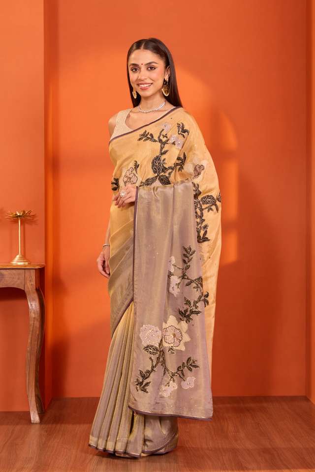 Beige  Viscose Tissue Embroidered Saree thumbnail image number null