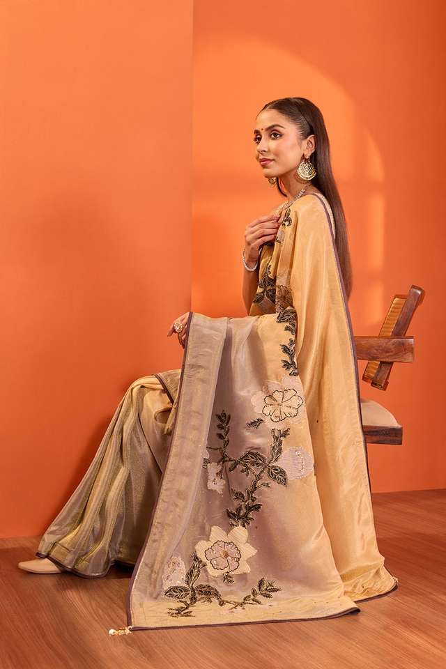 Beige  Viscose Tissue Embroidered Saree thumbnail image number null