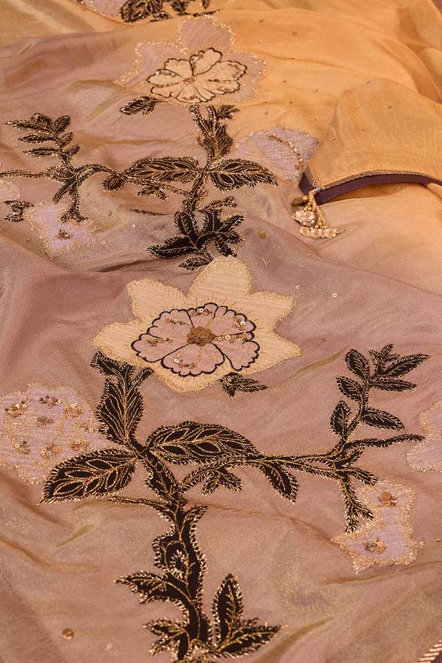 Beige  Viscose Tissue Embroidered Saree thumbnail image number null
