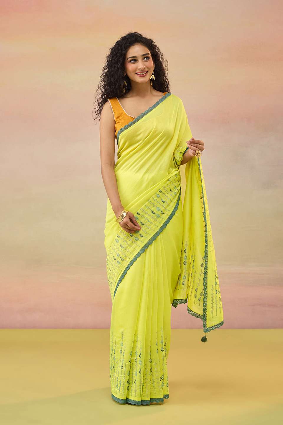 Light Yellow Bengal Pure Silk Cotton Embroidered Saree