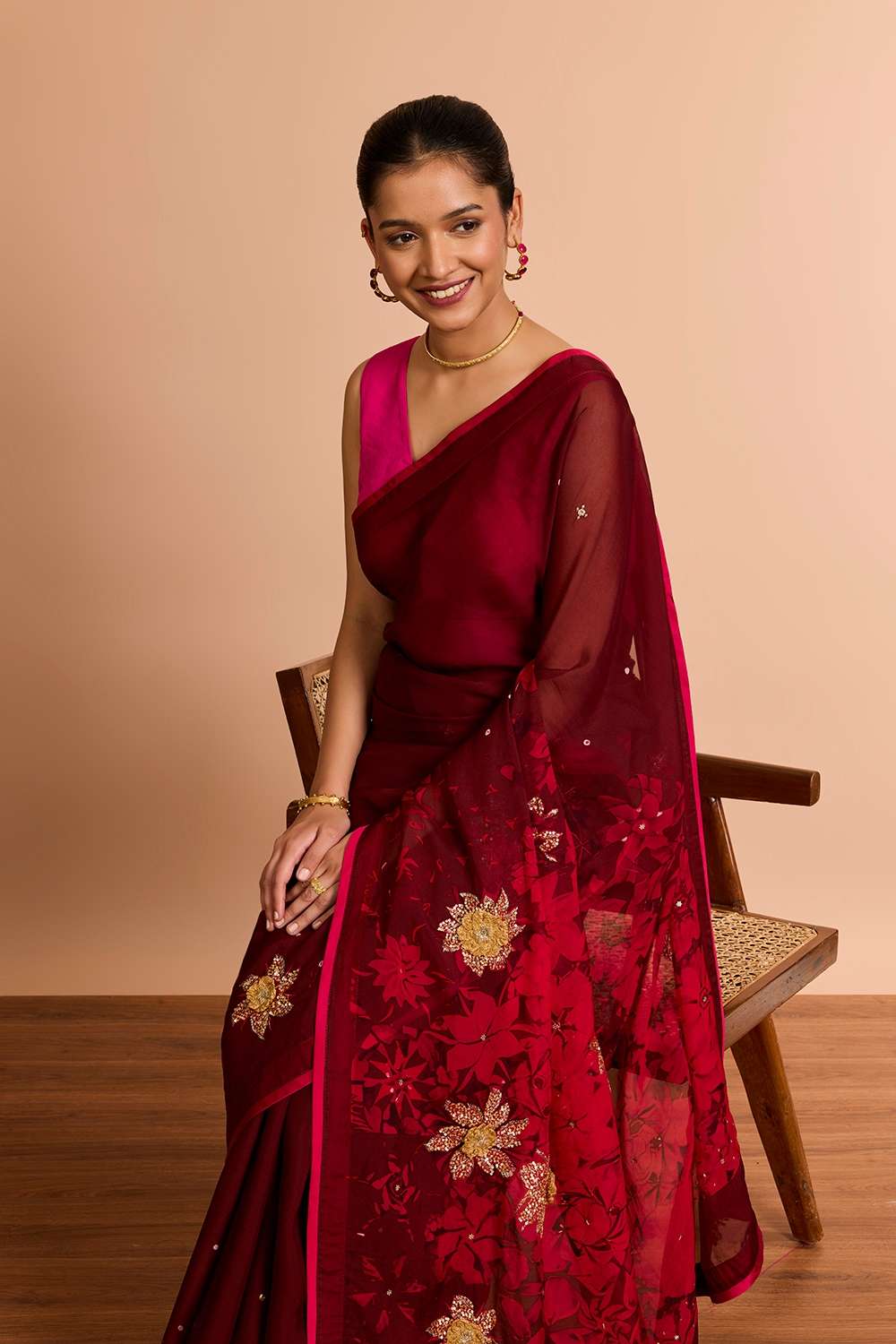 Dark Red Printed Embroidered Viscose Organza Saree image number null