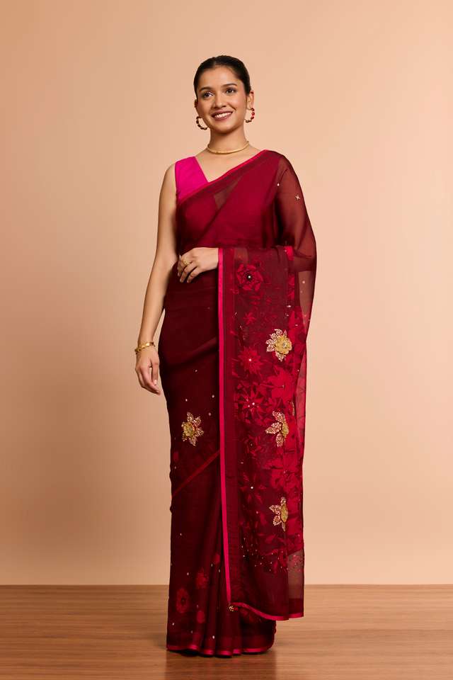 Dark Red Printed Embroidered Viscose Organza Saree thumbnail image number null