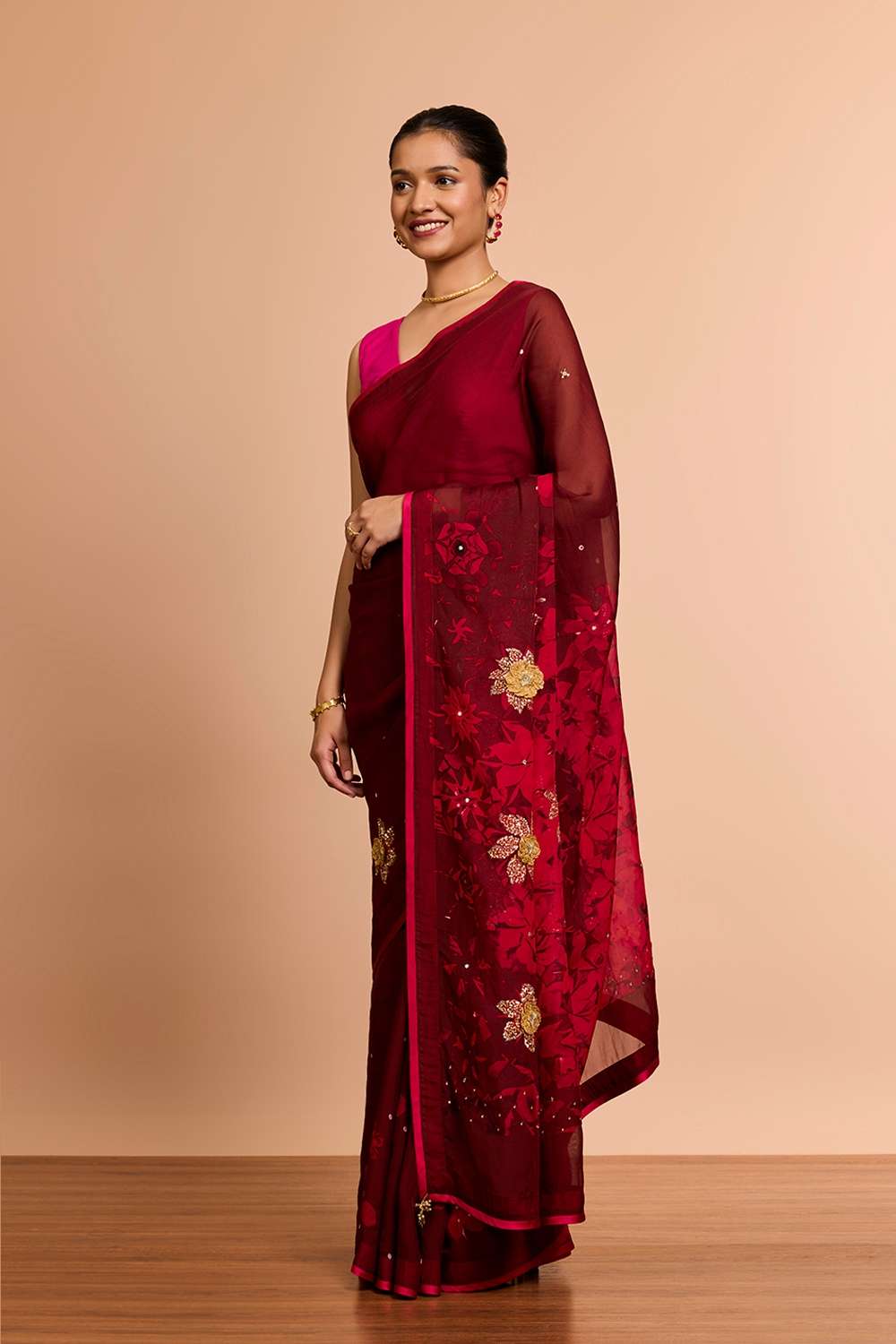 Dark Red Printed Embroidered Viscose Organza Saree image number null