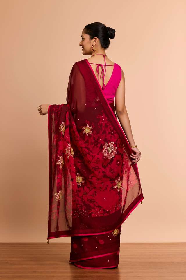 Dark Red Printed Embroidered Viscose Organza Saree thumbnail image number null