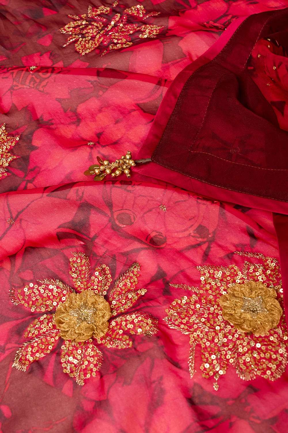Dark Red Printed Embroidered Viscose Organza Saree image number null