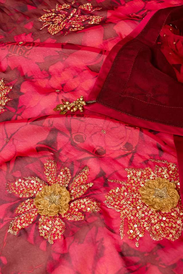 Dark Red Printed Embroidered Viscose Organza Saree thumbnail image number null