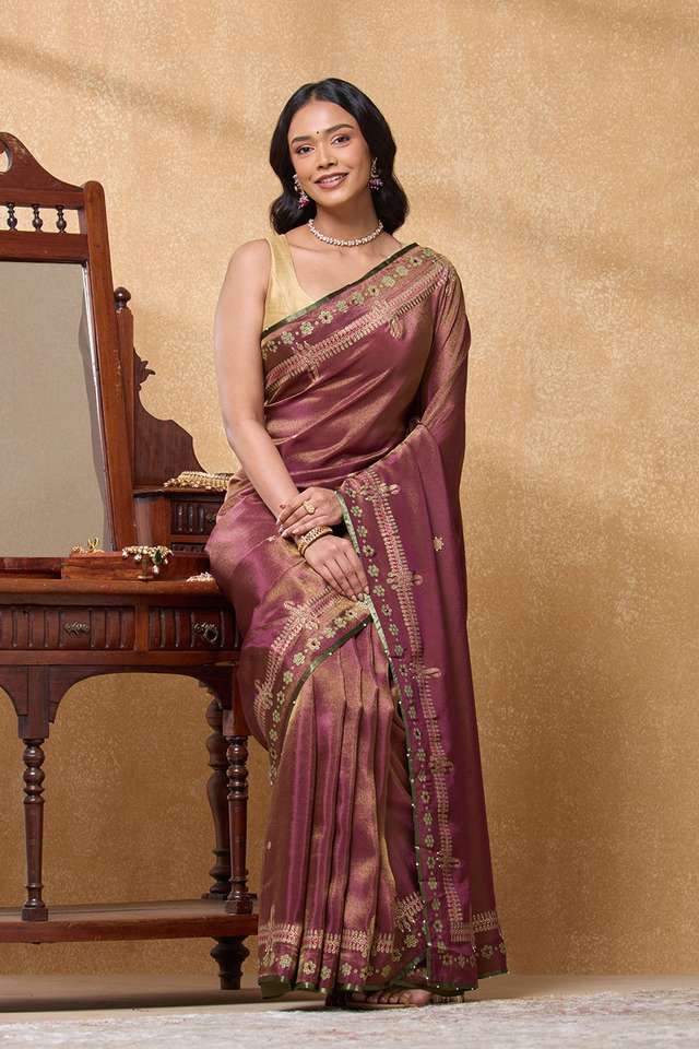 Purple Viscose Tissue Printed Embroidery Saree image number