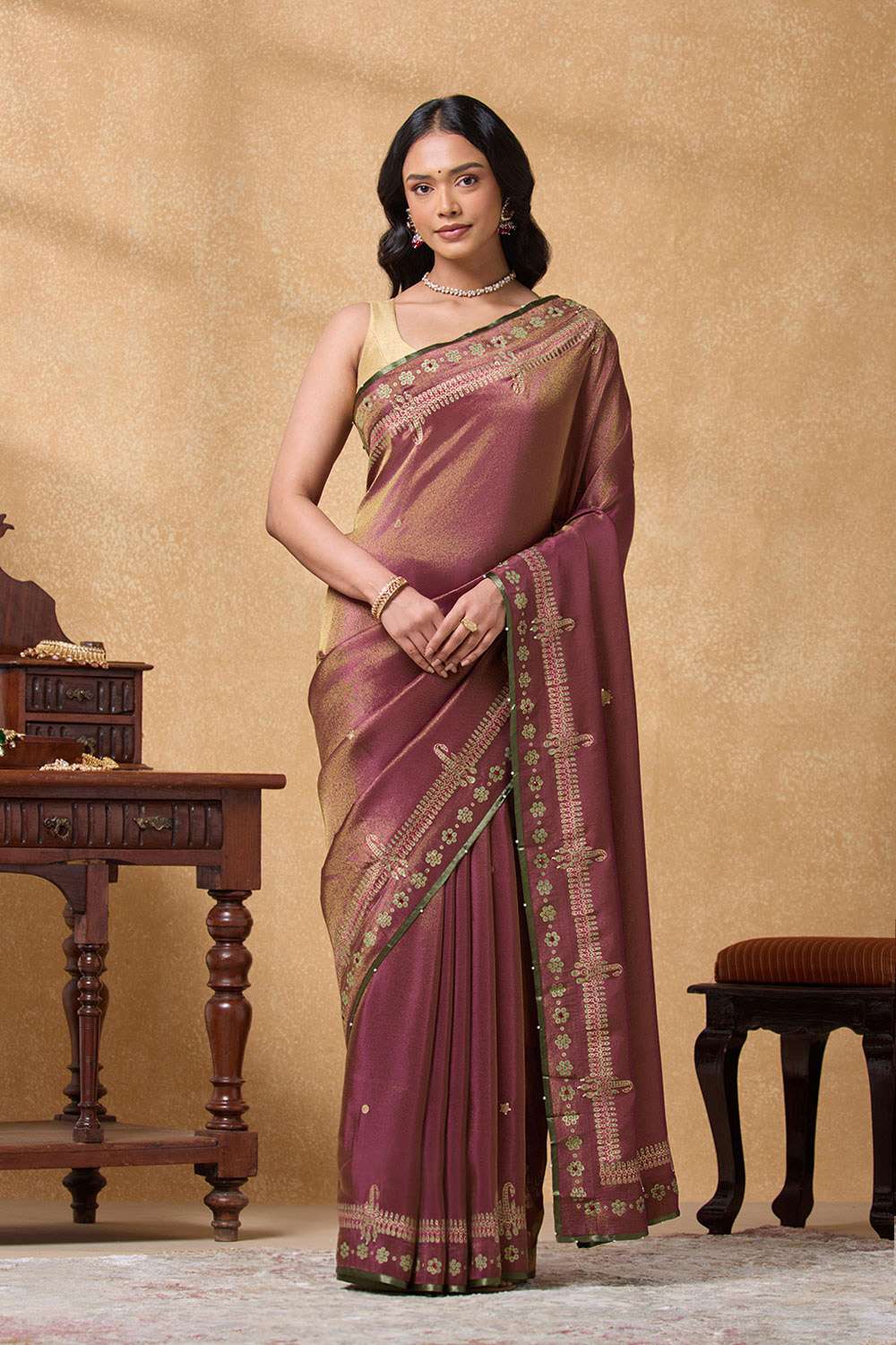 Purple Viscose Tissue Printed Embroidery Saree image number null