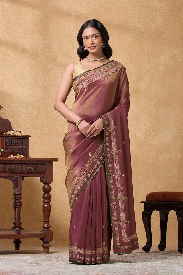 Purple Viscose Tissue Printed Embroidery Saree thumbnail image number null