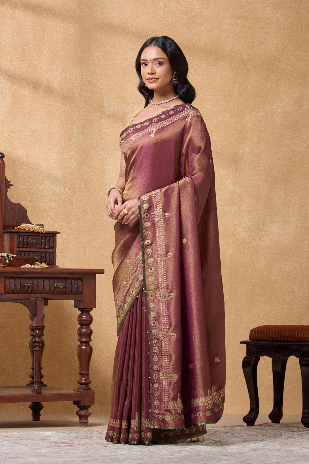 Purple Viscose Tissue Printed Embroidery Saree image number null