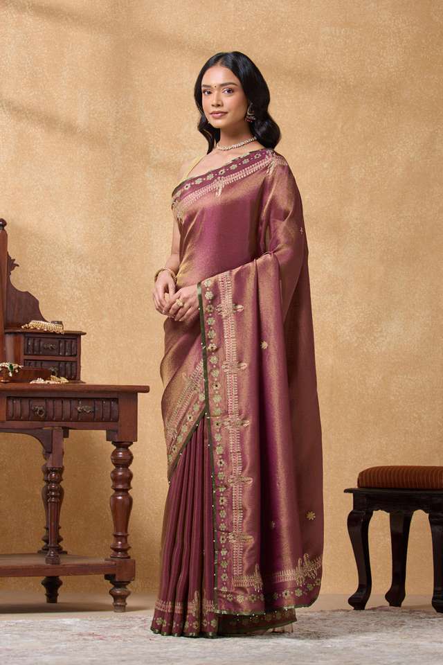 Purple Viscose Tissue Printed Embroidery Saree thumbnail image number null