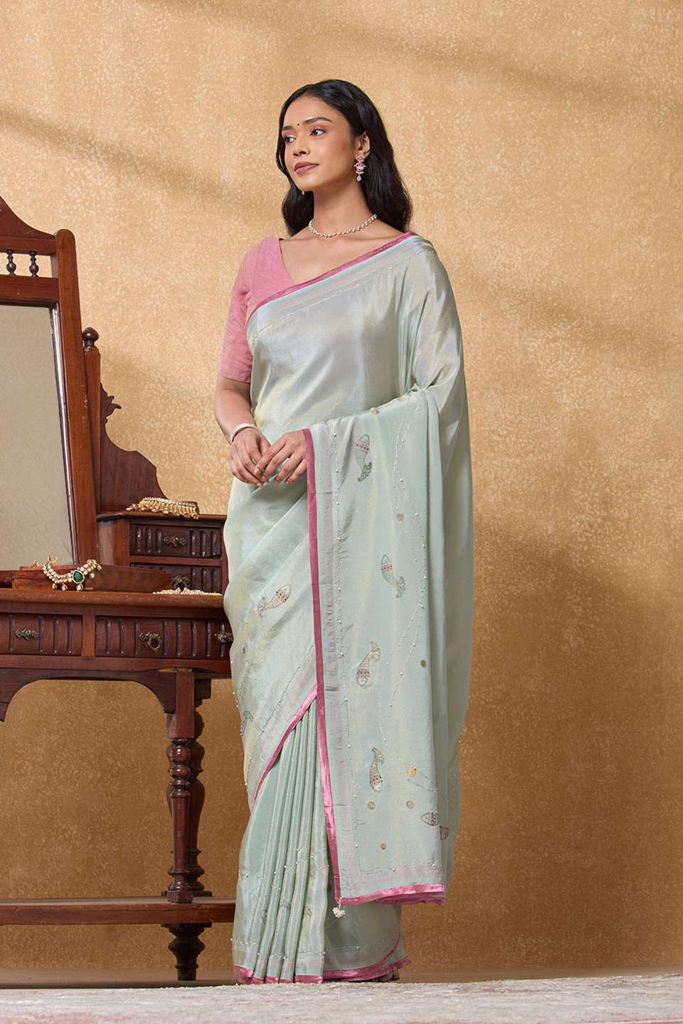 Light Blue Viscose Tissue Printed Embroidery Saree