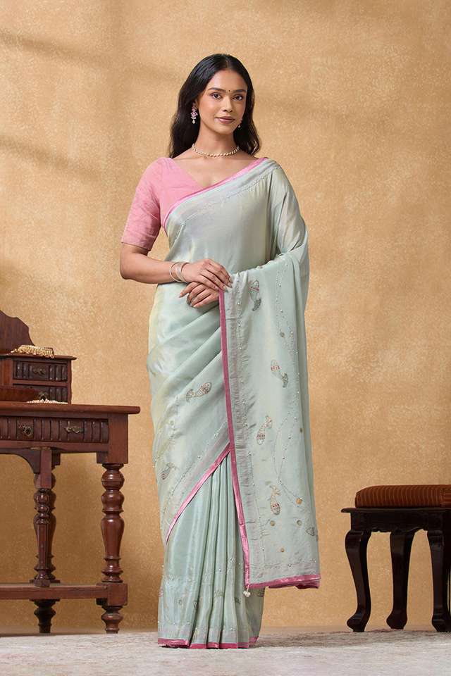 Light Blue Viscose Tissue Printed Embroidery Saree thumbnail image number null