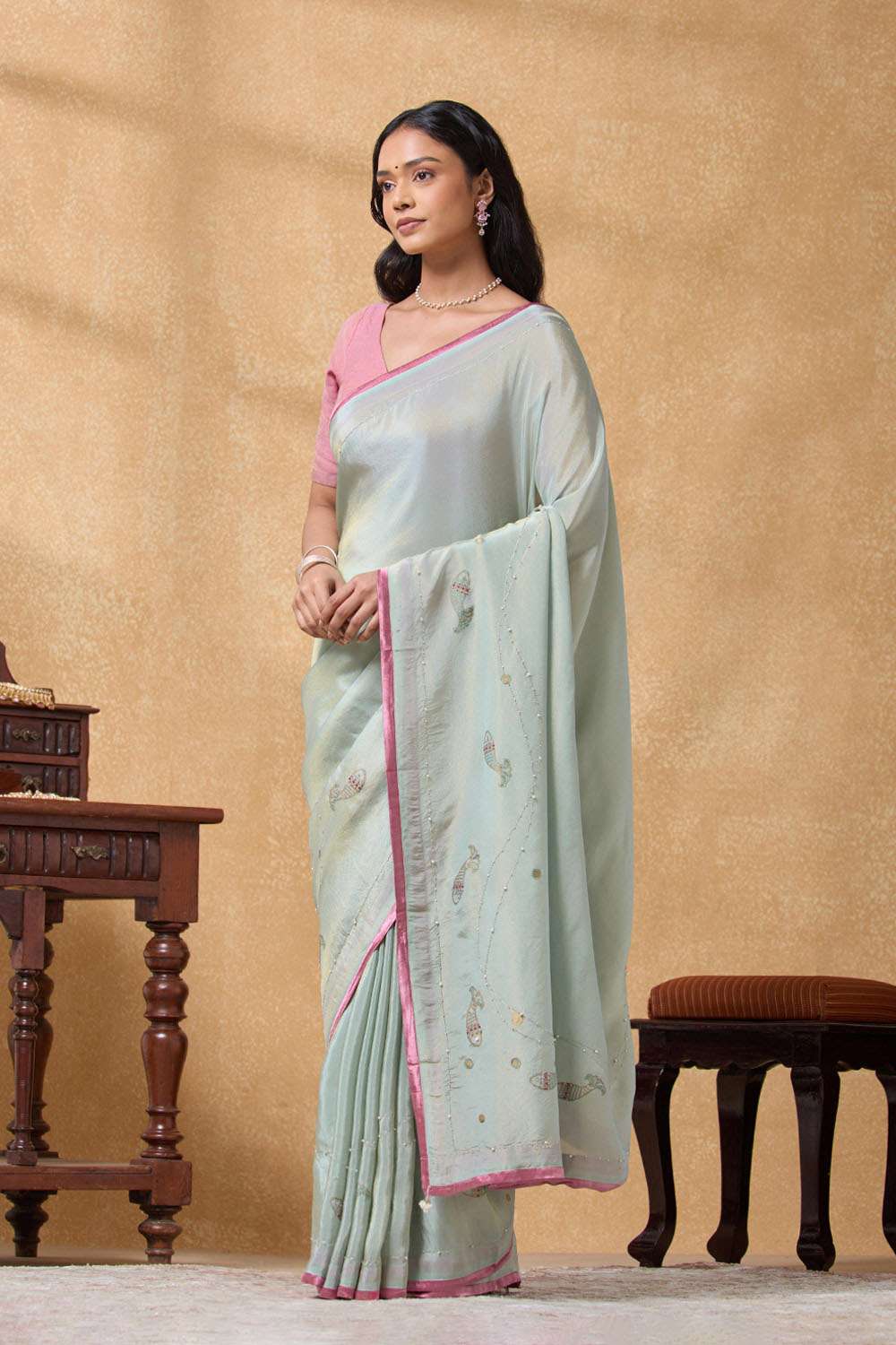 Light Blue Viscose Tissue Printed Embroidery Saree image number null