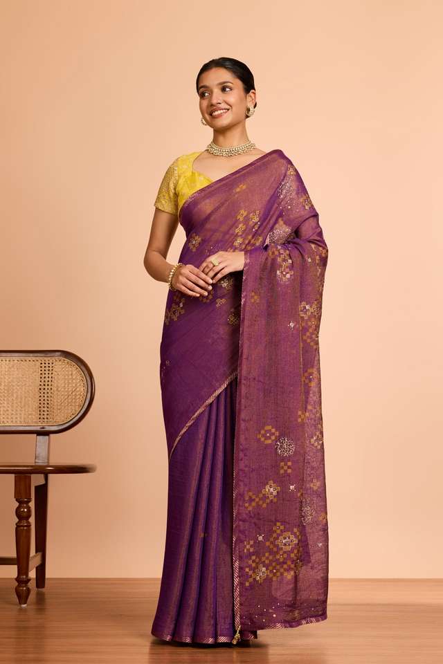 Purple  Pure Tissue Cotton Printed Embroidery Saree thumbnail image number null