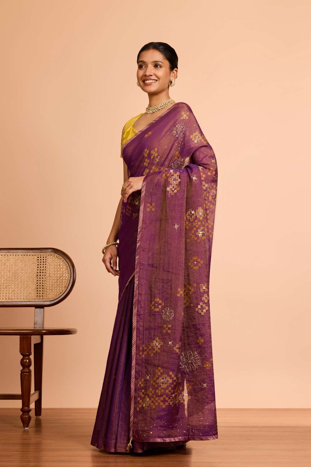 Purple  Pure Tissue Cotton Printed Embroidery Saree image number null