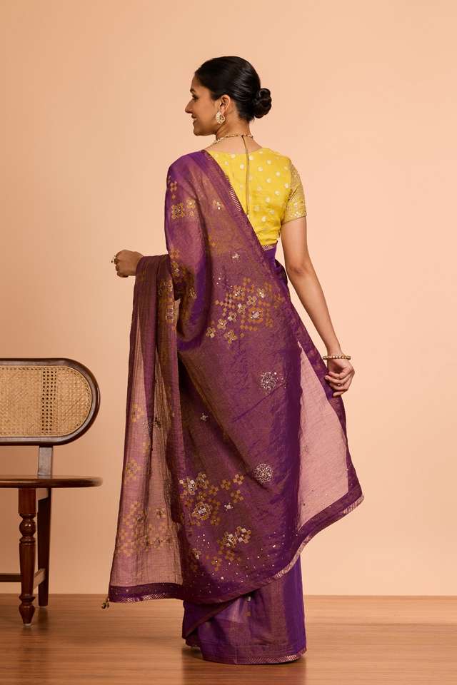 Purple  Pure Tissue Cotton Printed Embroidery Saree thumbnail image number null