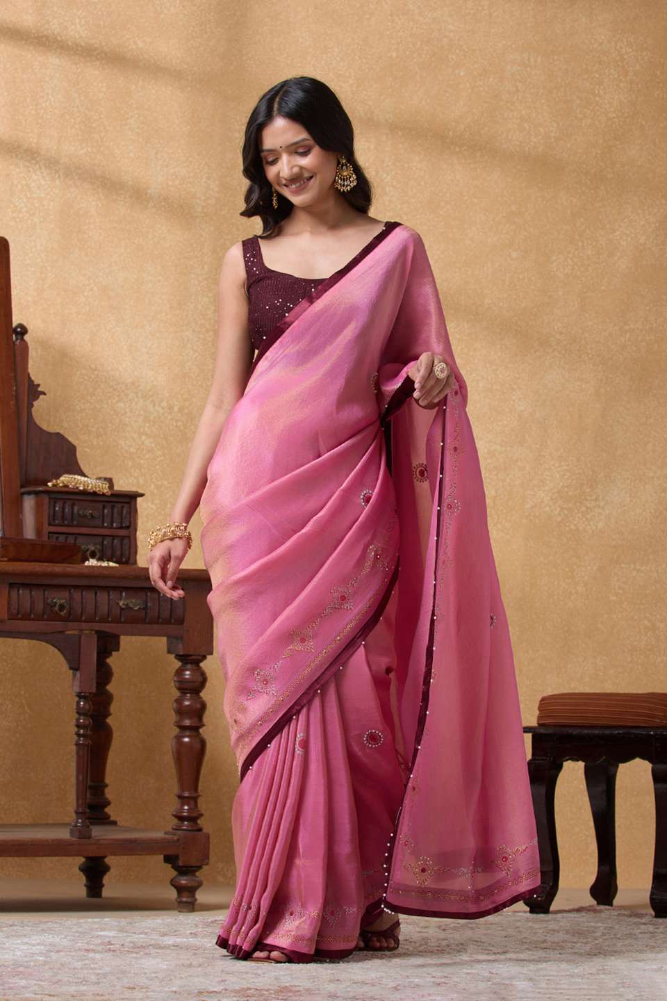 Light Pink Viscose Tissue Printed Embroidery Saree