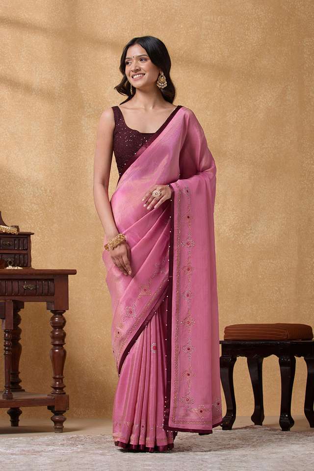Light Pink Viscose Tissue Printed Embroidery Saree thumbnail image number null