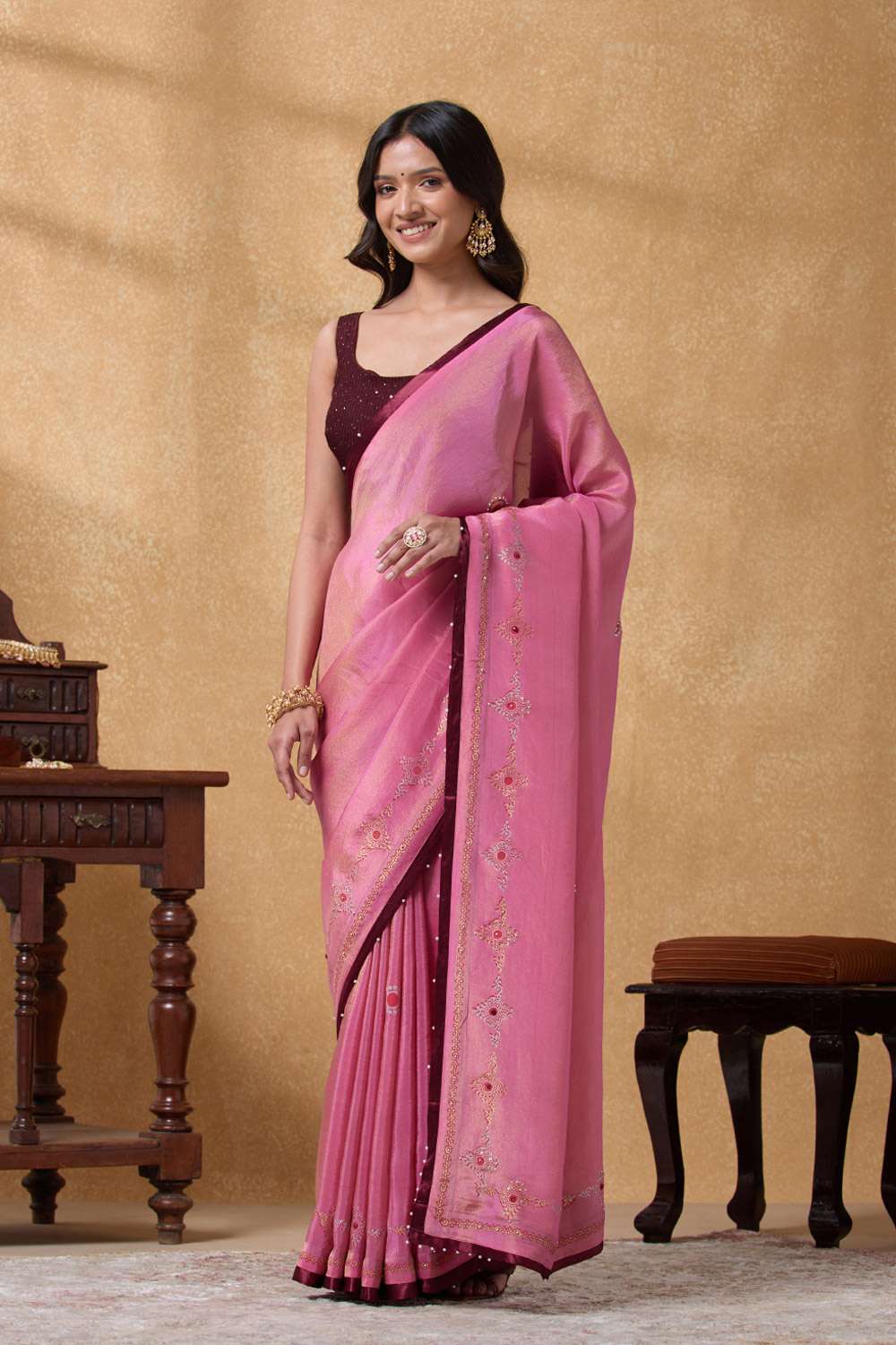 Light Pink Viscose Tissue Printed Embroidery Saree image number null
