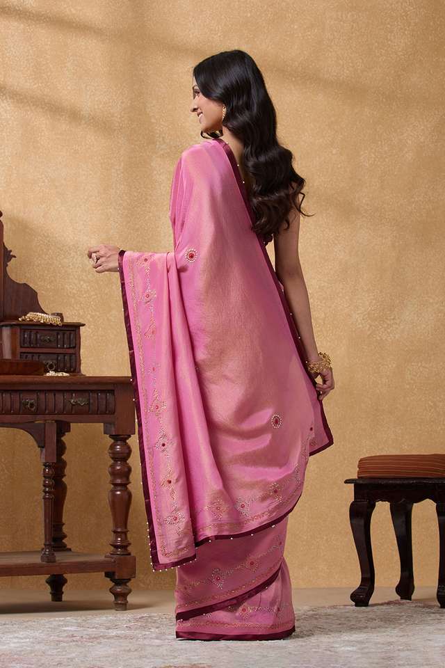 Light Pink Viscose Tissue Printed Embroidery Saree thumbnail image number null