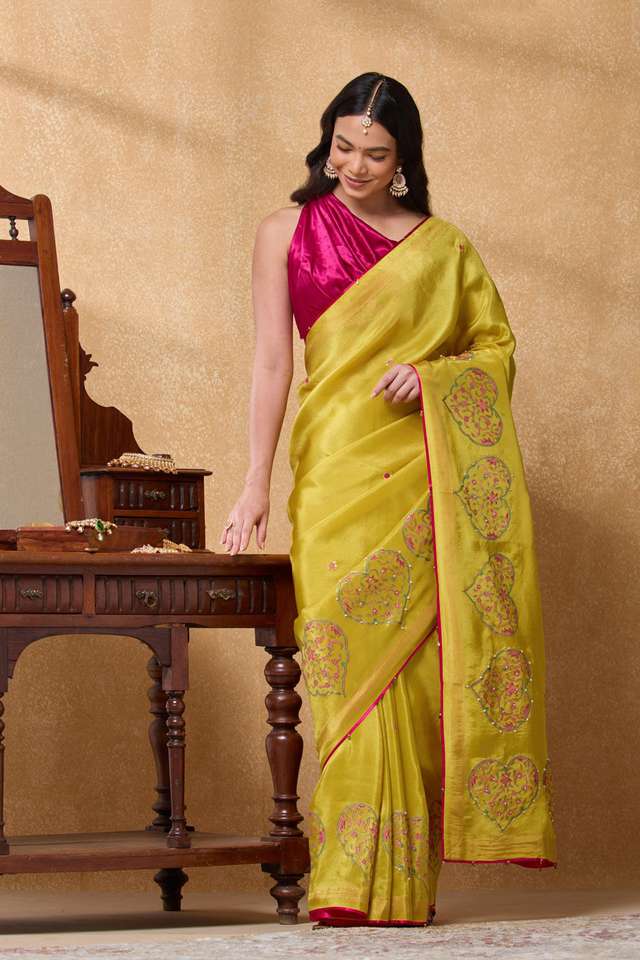 Yellow Viscose Tissue Printed Embroidery Saree image number