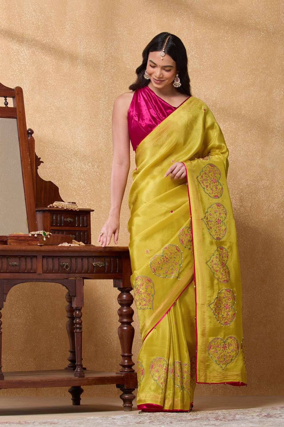 Yellow Viscose Tissue Printed Embroidery Saree