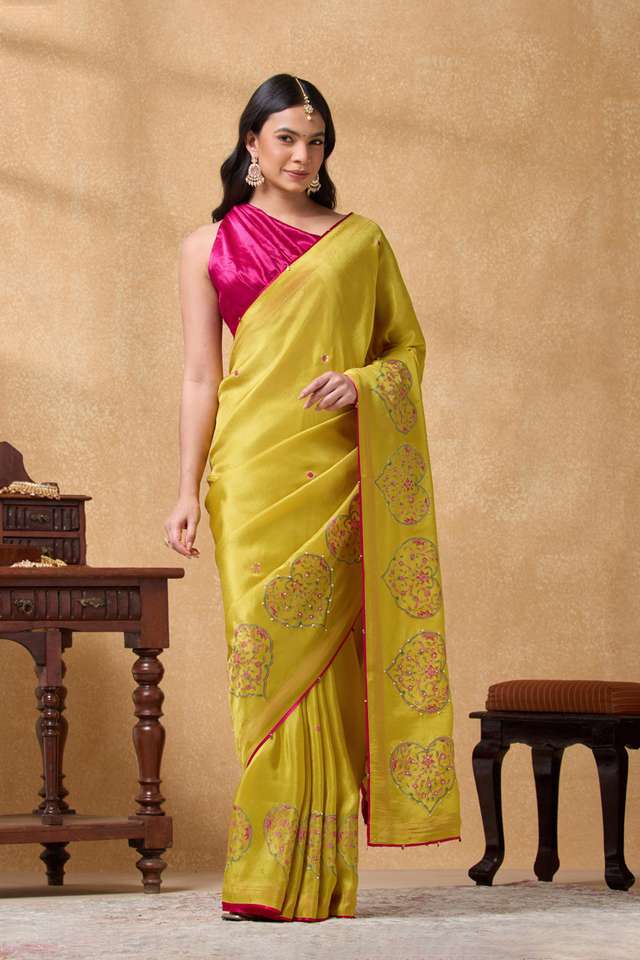 Yellow Viscose Tissue Printed Embroidery Saree thumbnail image number null