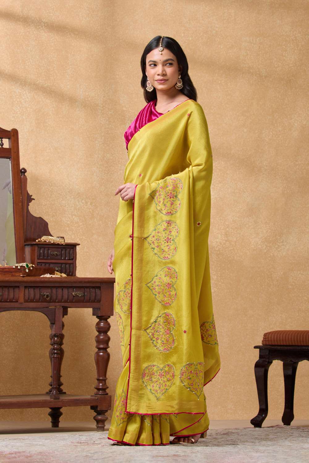 Yellow Viscose Tissue Printed Embroidery Saree image number null