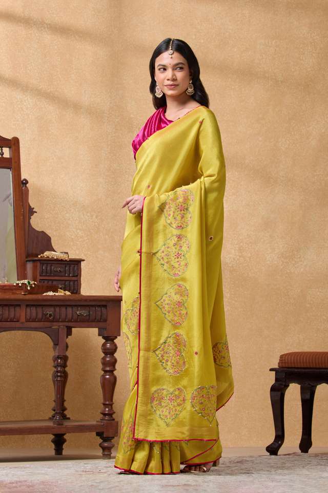 Yellow Viscose Tissue Printed Embroidery Saree thumbnail image number null