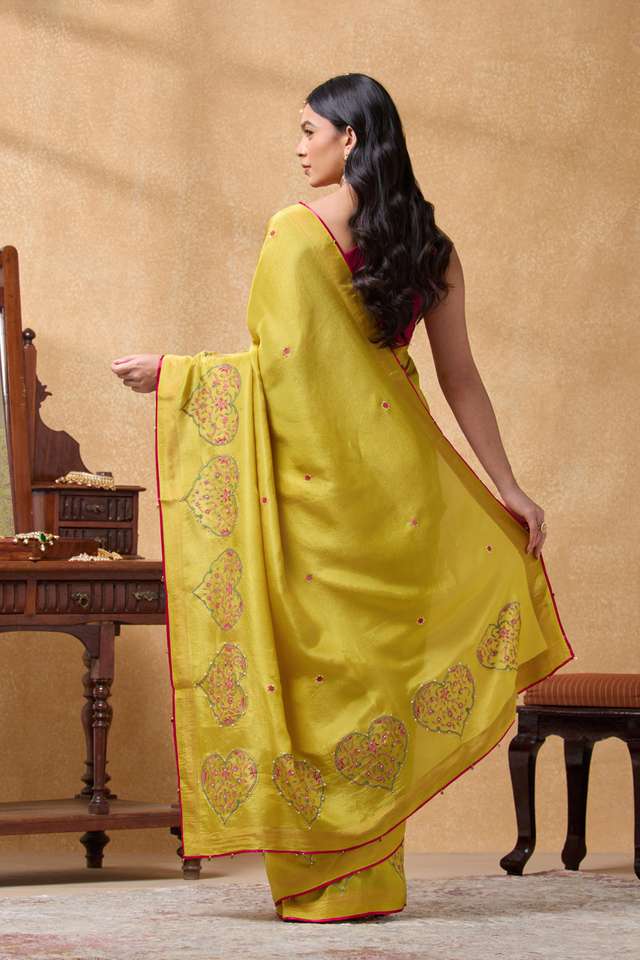 Yellow Viscose Tissue Printed Embroidery Saree thumbnail image number null