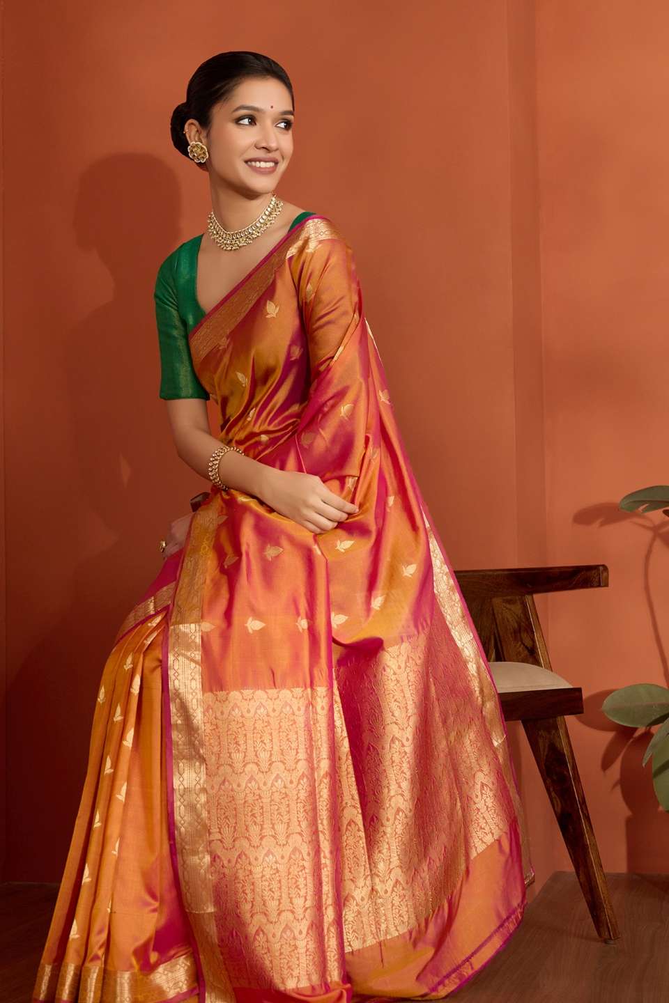 Orange Silk Viscose Cutwork Banaras Inspired Design Saree