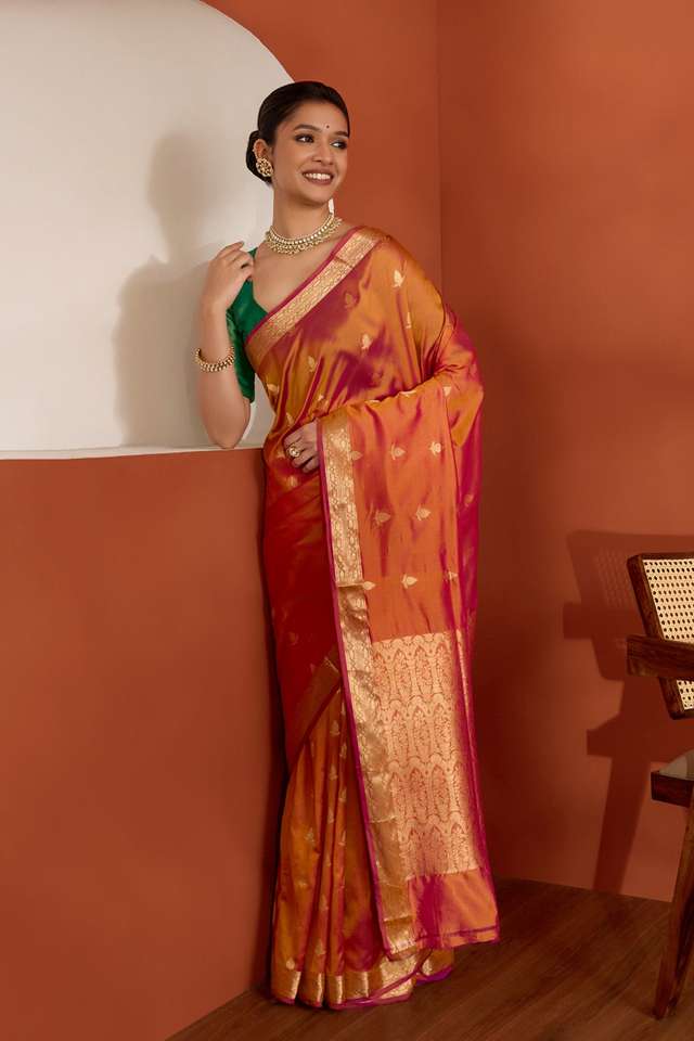 Orange Silk Viscose Cutwork Banaras Inspired Design Saree thumbnail image number null