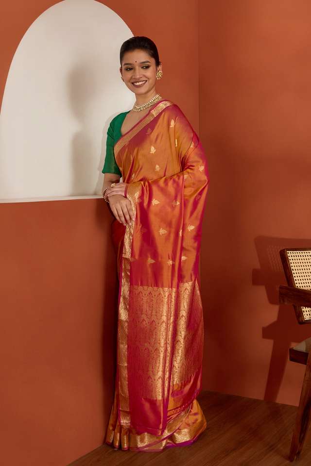 Orange Silk Viscose Cutwork Banaras Inspired Design Saree thumbnail image number null