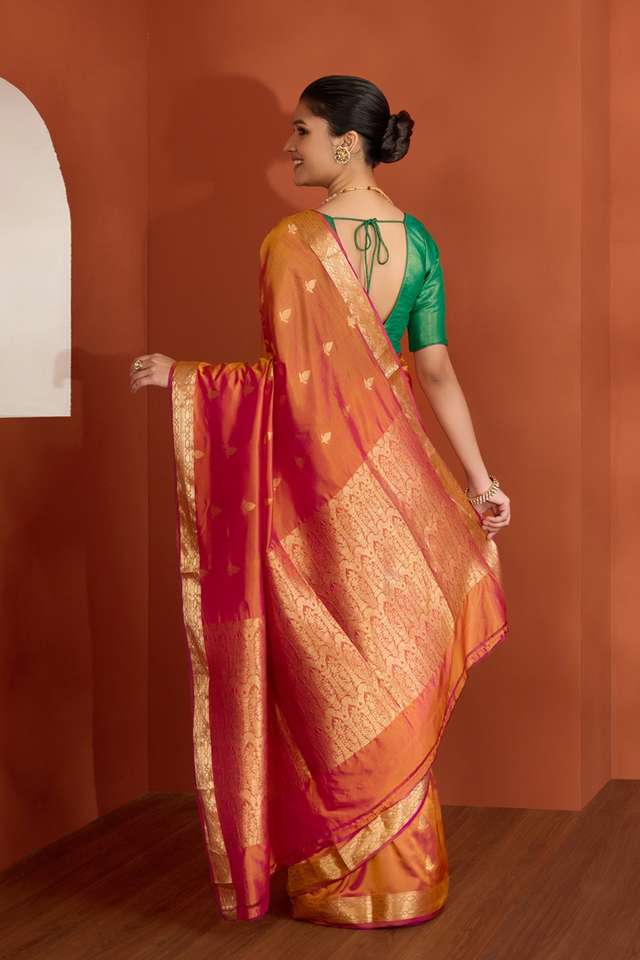 Orange Silk Viscose Cutwork Banaras Inspired Design Saree thumbnail image number null